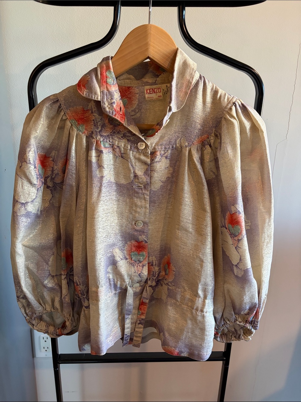 Kenzo Beige Floral Puff-Sleeve Button-Front Blouse